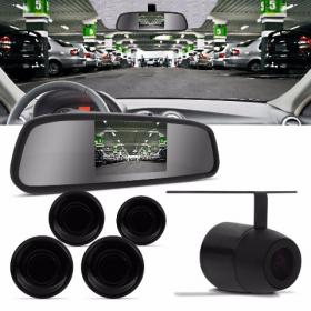 Sensor Estacionamento Preto com Câmera Ré e Retrovisor com Display
